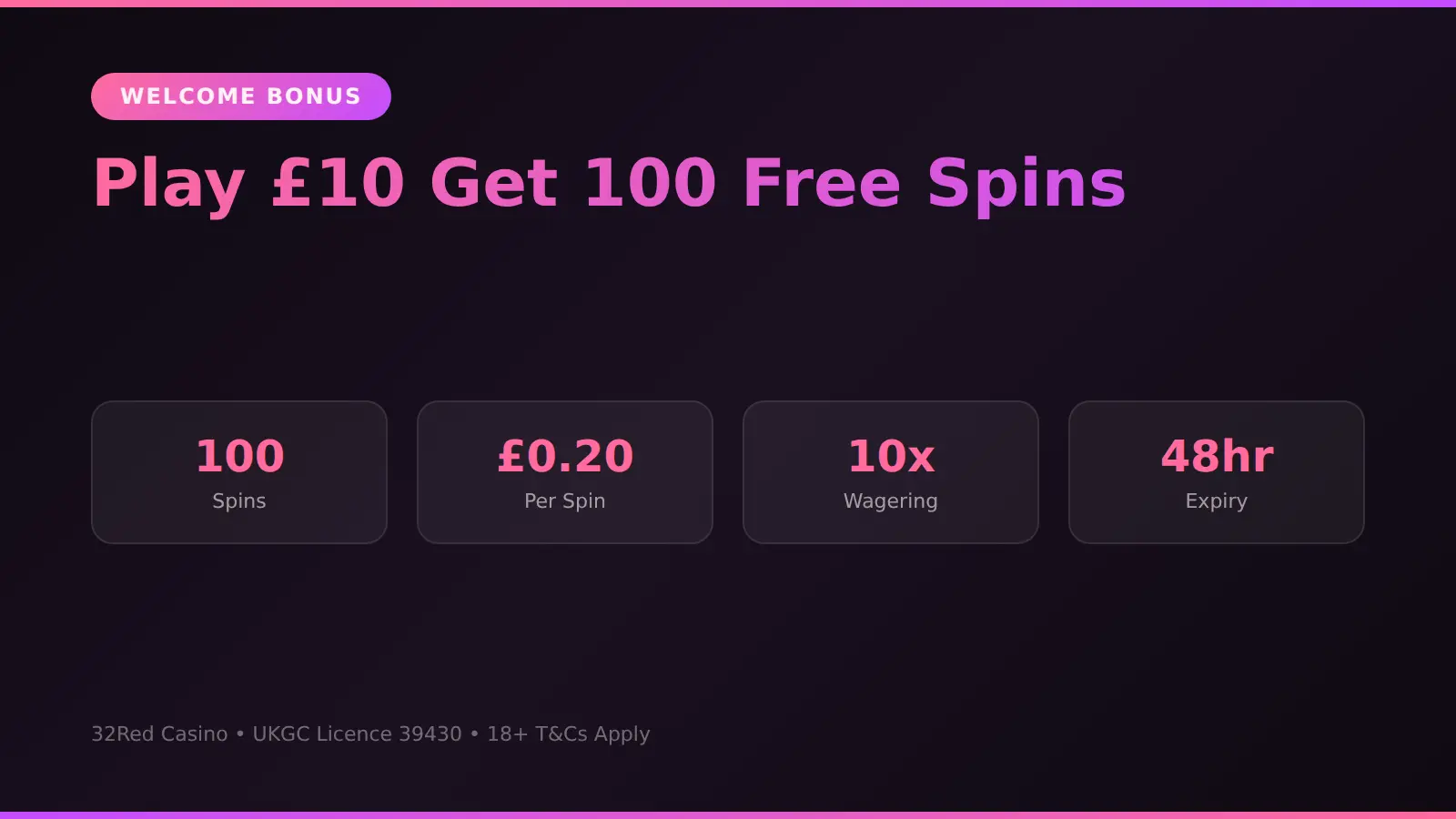 32Red Casino welcome bonus overview showing 100 free spins offer